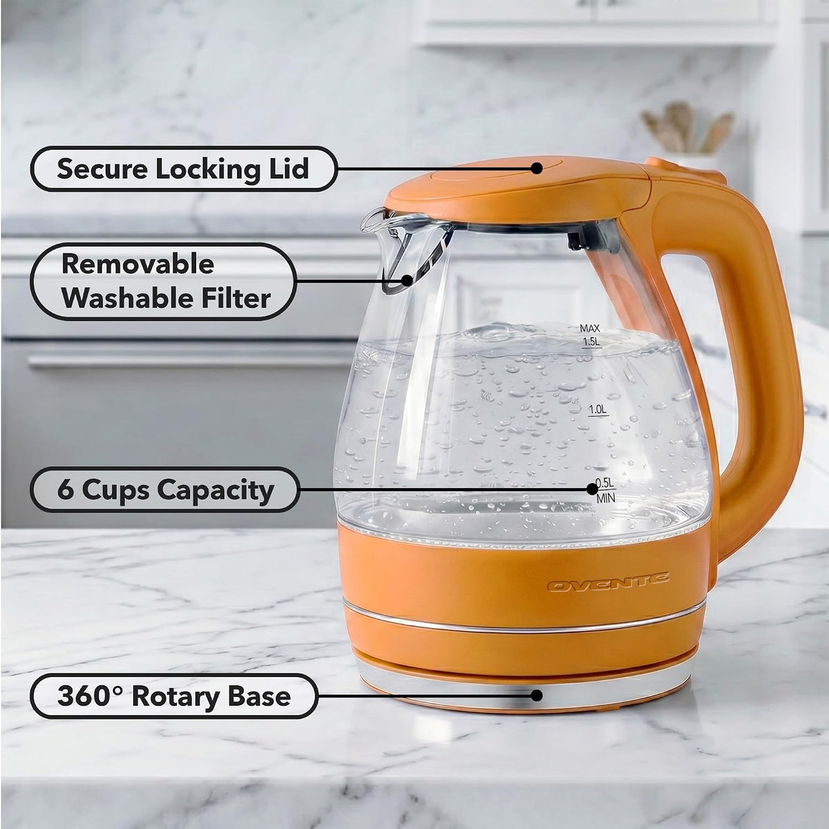 OVENTE 1.5L Glass Electric Kettle